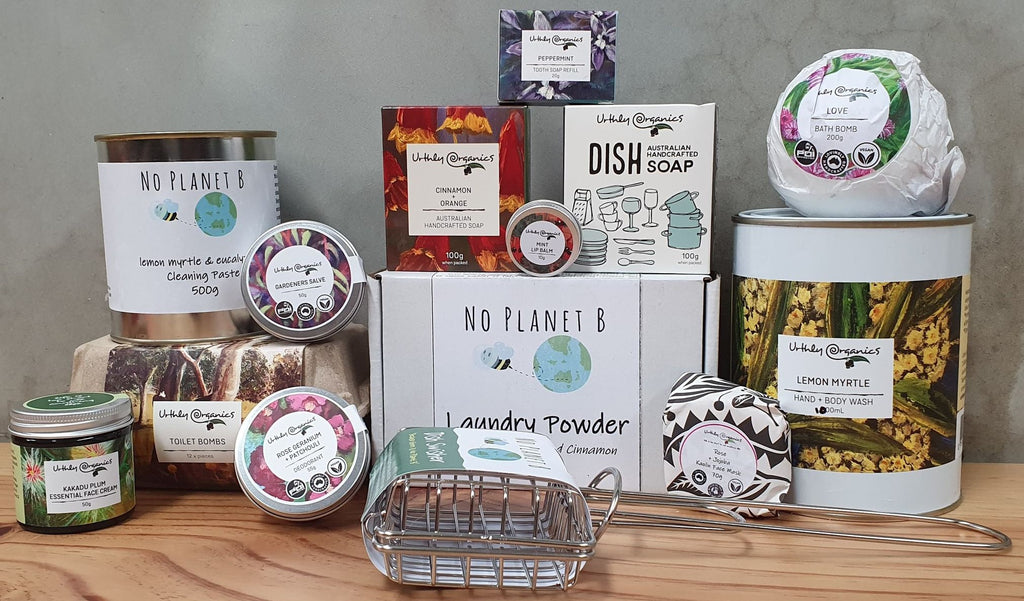 Australian natural bath, body, and home. Ethical, sustainable, and environmentally minded skincare. Palm oil free. This photo contains a varied range of our handcrafted products, including soap, cleaning paste, bath bombs, dish swisher, and clay mask 